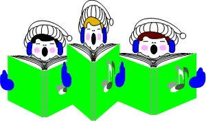 Three carolers with green song books