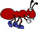 Cartoony smiling ant wearing shoes