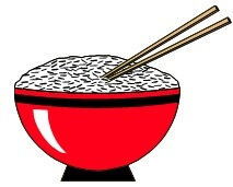 red bowl, rice and chopsticks