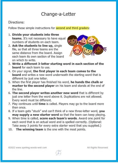 Kids Spelling Game, "Change a Letter," page 1