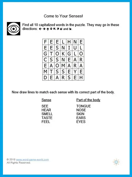 "Come to Your Senses" child educational game for early learners from www.word-game-world.com.