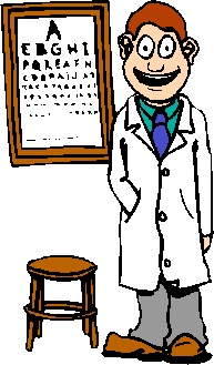 cartoon eye doctor standing in front of an eye chart