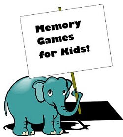 Elephant holding a sign, "Memory Games for Kids"  from our collection of #memorygames at www.word-game-world.com