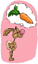 Cartoon rabbit dreaming of a big, juicy carrot, from our Rabbit Race Reading Game at www.word-game-world.com