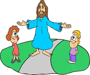 Jesus with arms outspread, welcoming children