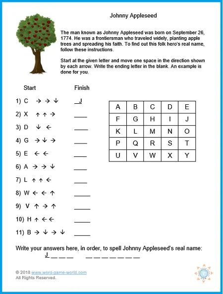 Johnny Appleseed kids educational game, from www.word-game-world.com