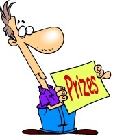 Cartoon guy holding a sign, "Prizes," from our Memory Games for Adults at www.word-game-world.com