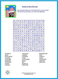 Come to the Circus, one of our printable word finds for children from www.word-game-world.com