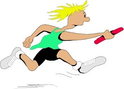 cartoon relay runner, ready to pass a red baton