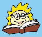 smiling cartoon kid reading from a big book