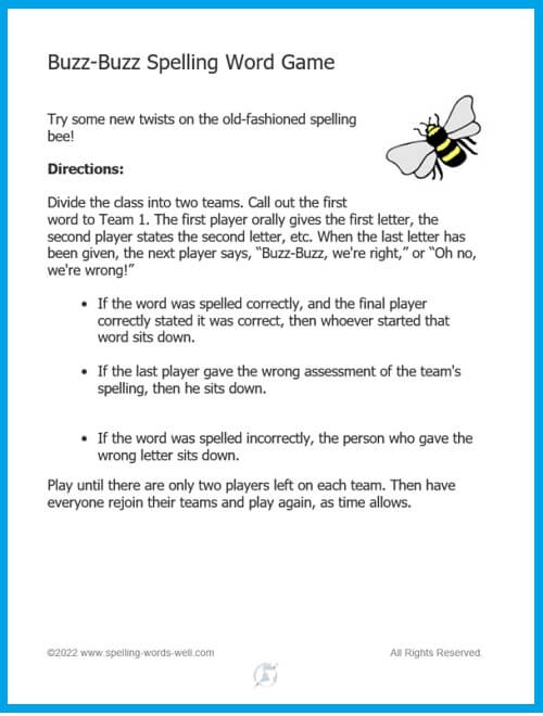 "Buzz-Buzz" spelling word game, a fun spelling word game to review words with the whole class