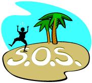 man on desert island with SOS written in the sand